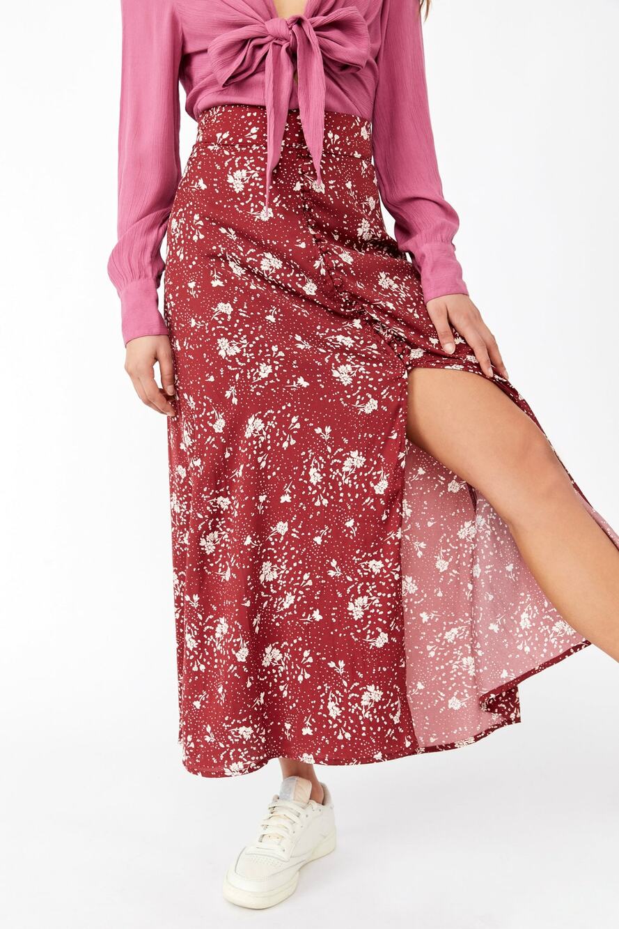 Free People Women's Maxi Skirt Size 0 | Button Down Sammy Maxi Maroon Floral
